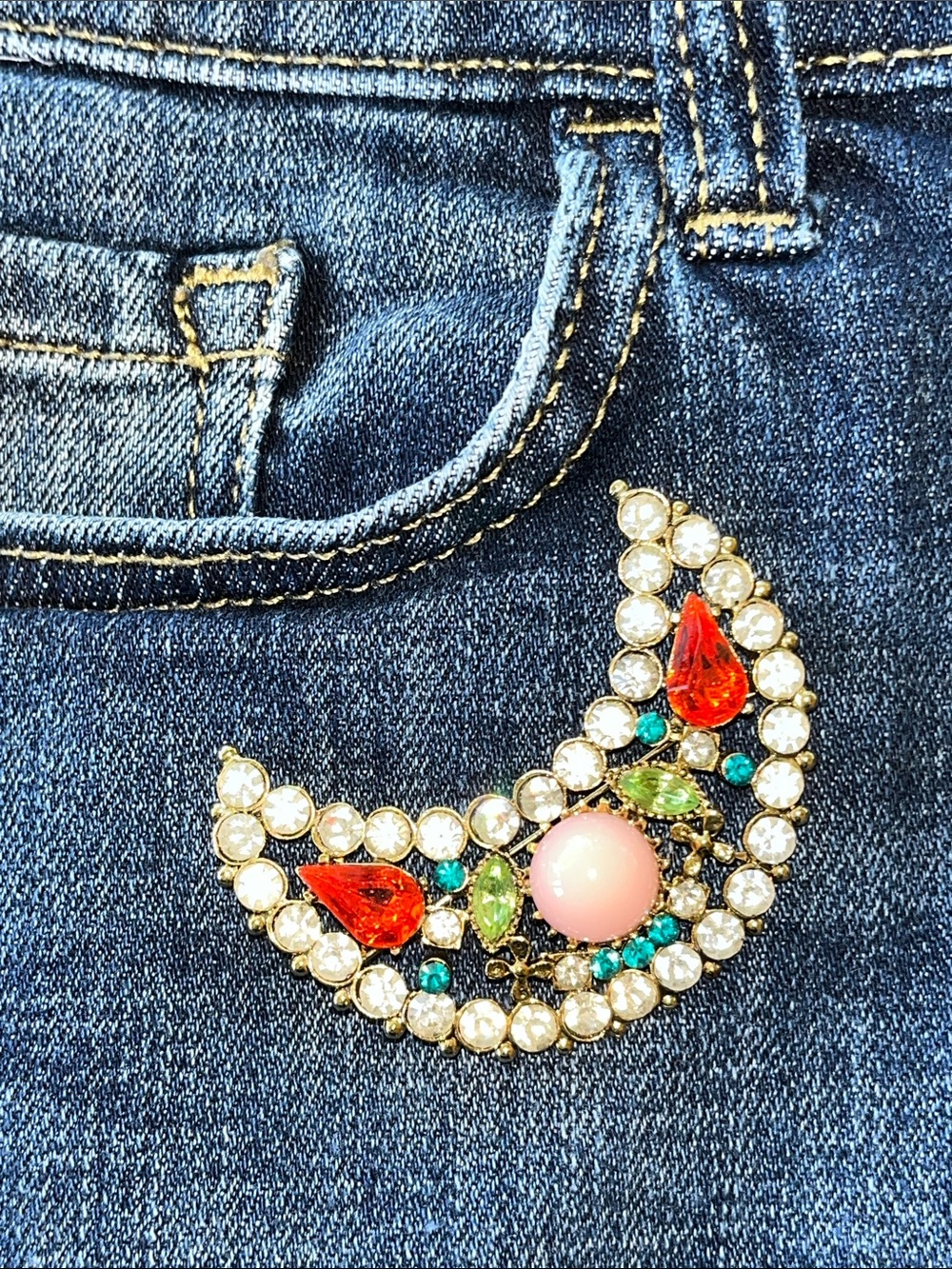 Vintage Czech Glass Rhinestone Moon Shape Brooch Pink, Green, Teal and Orange